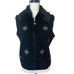 Tally Ho Black Faux-Fur Collar Zip Vest with Silver Snowflake Accents